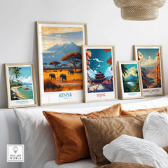 Kenya Kilimanjaro Print - African Landscape Travel Decor displayed among other travel prints on a cozy sofa.