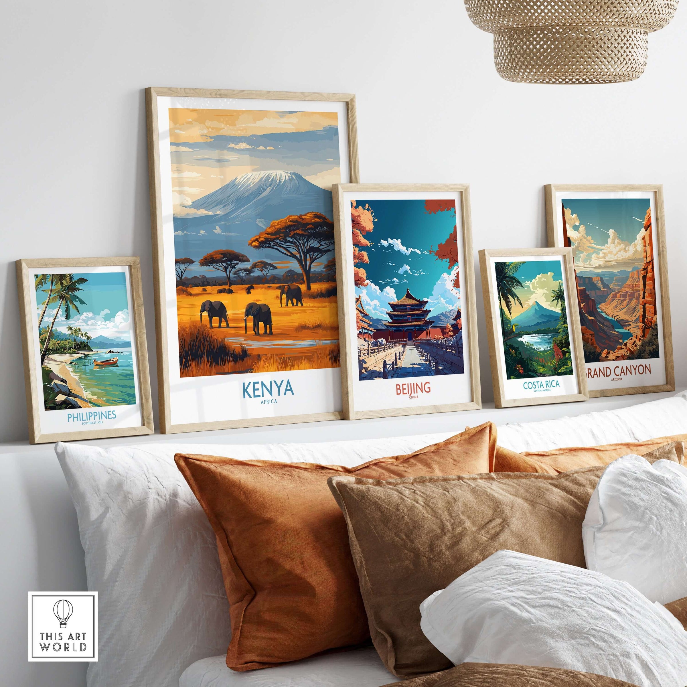 Kenya Kilimanjaro Print - African Landscape Travel Decor displayed among other travel prints on a cozy sofa.