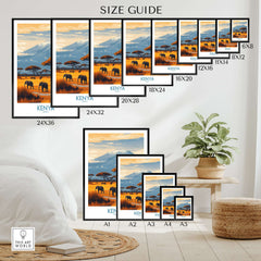 Kenya Kilimanjaro Print - African Landscape Travel Decor size guide with various frame sizes and elephant imagery.
