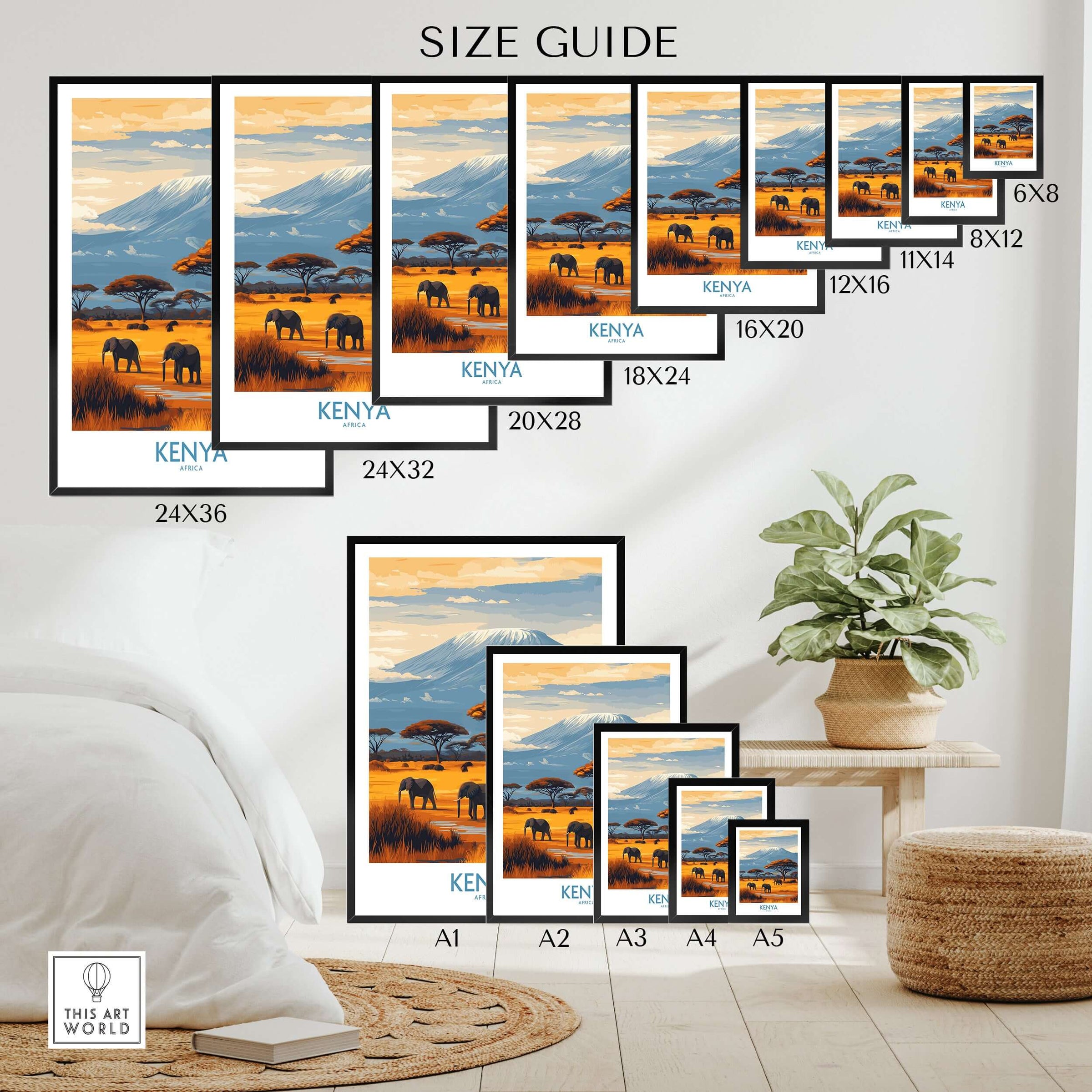 Kenya Kilimanjaro Print - African Landscape Travel Decor size guide with various frame sizes and elephant imagery.