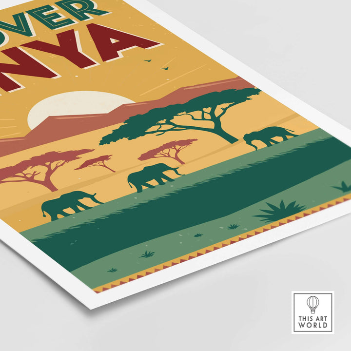 Kenya Safari poster featuring elephants against a vibrant sunset landscape, perfect for travel art lovers.