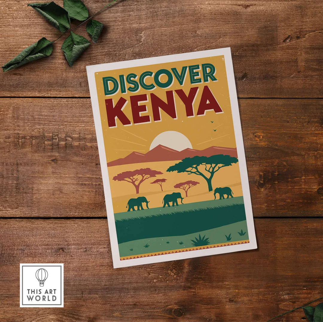 Kenya safari poster showcasing elephants, trees, and sunset, perfect for travel art and wall decor.