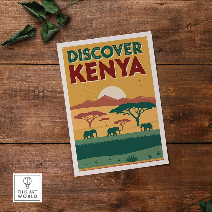 Kenya safari poster showcasing elephants, trees, and sunset, perfect for travel art and wall decor.