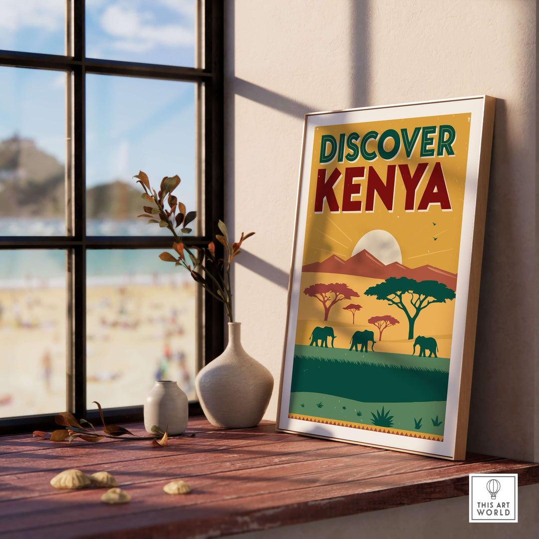 Kenya Safari poster showcasing vibrant colors, featuring elephants and landscapes, perfect for travel enthusiasts and wall decor.