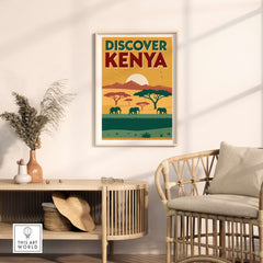 Kenya Safari Poster - Discover Africa Travel Art showcasing vibrant colors and safari scenes with elephants.