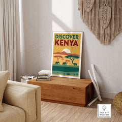 Kenya Safari Poster - Discover Africa Travel Art displayed in a cozy living room with vibrant colors and nature motifs.