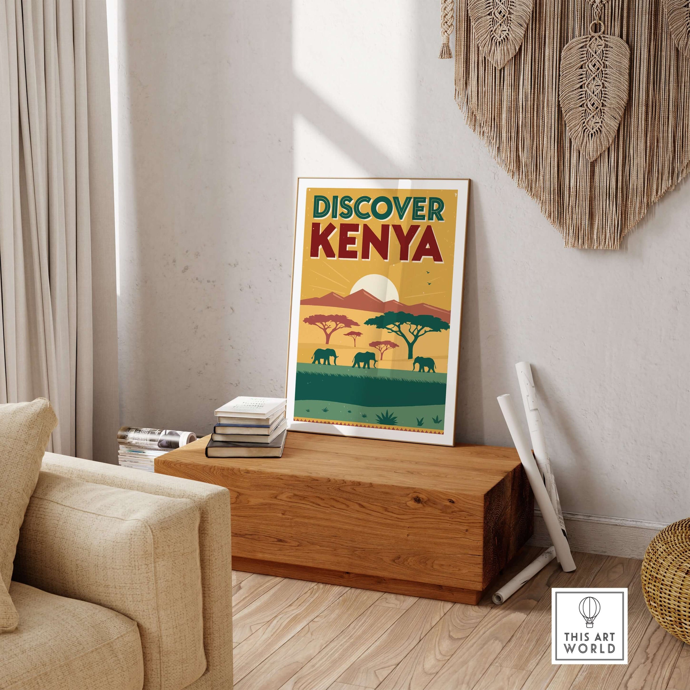 Kenya Safari Poster - Discover Africa Travel Art displayed in a cozy living room with vibrant colors and nature motifs.