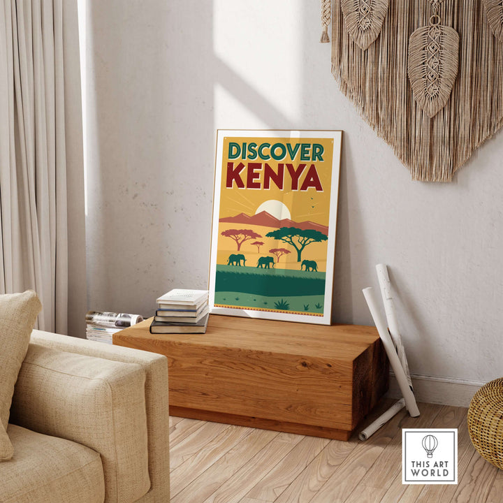 Kenya safari poster featuring vibrant colors, showcasing elephants and landscapes, perfect for travel enthusiasts.