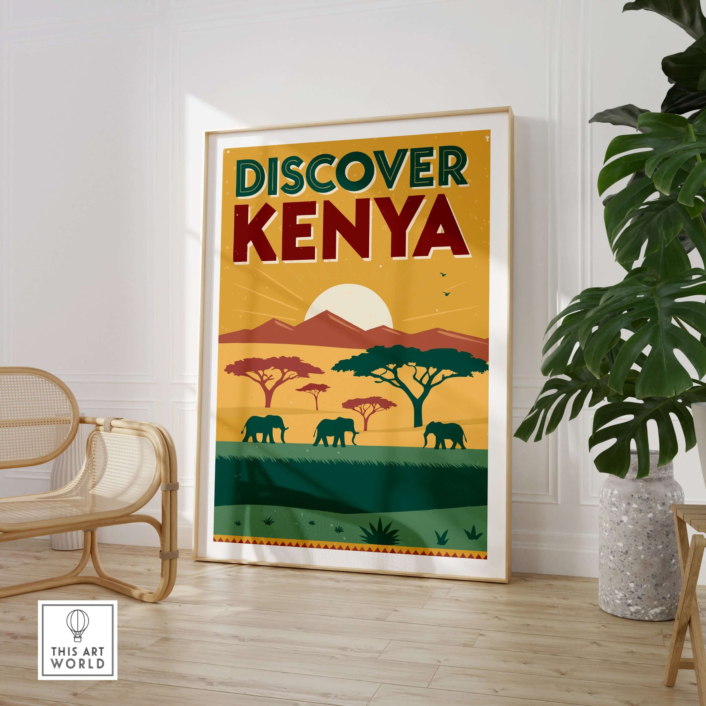 Kenya Safari Poster - Discover Africa Travel Art featuring elephants and vibrant sunset in Kenya.