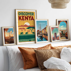 Kenya Safari Poster - Discover Africa Travel Art displayed with other travel posters on a cozy wall.
