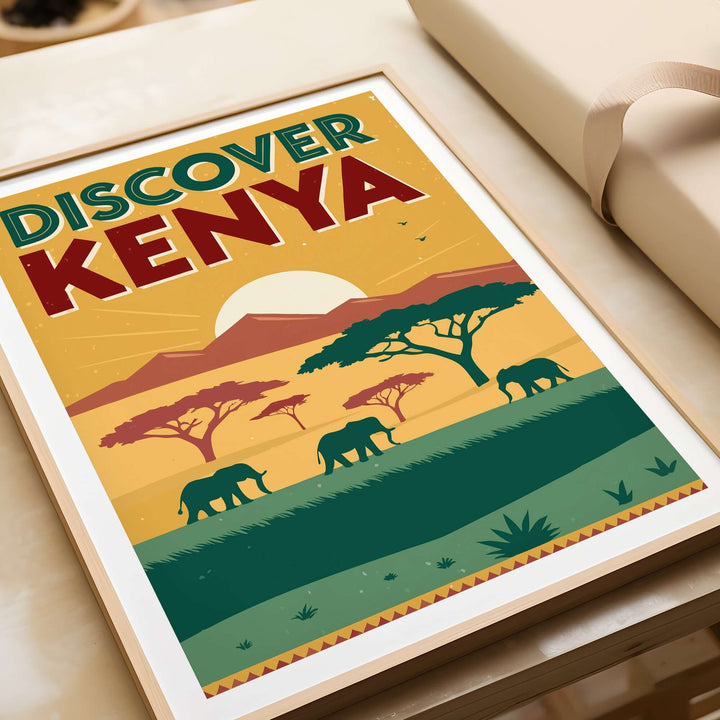 Kenya safari poster featuring elephants, vibrant colors, and scenic landscapes, perfect for travel art enthusiasts.