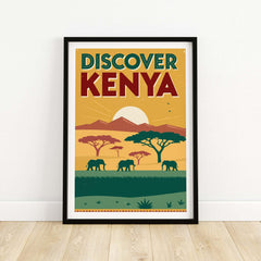 Kenya Safari Poster - Discover Africa Travel Art featuring elephants and vibrant colors in a scenic setting.
