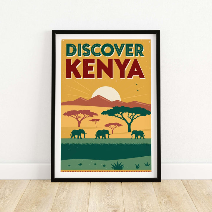 Kenya safari poster featuring elephants and vibrant landscapes, perfect wall decor for travel enthusiasts and nature lovers.