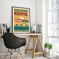 Kenya Safari Poster - Discover Africa Travel Art in modern decor setting with black chair and wooden table.
