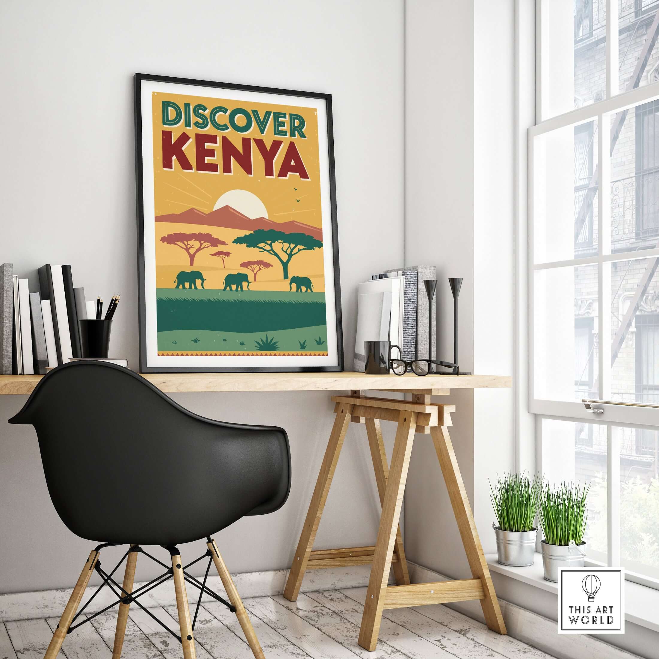 Kenya Safari Poster - Discover Africa Travel Art in modern decor setting with black chair and wooden table.