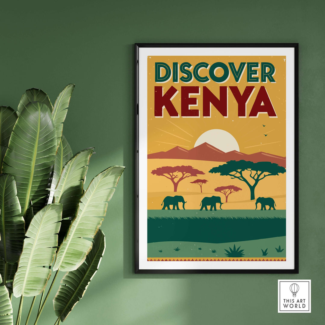 Kenya safari poster featuring elephants and vibrant colors, ideal for travel art lovers and wall decor.