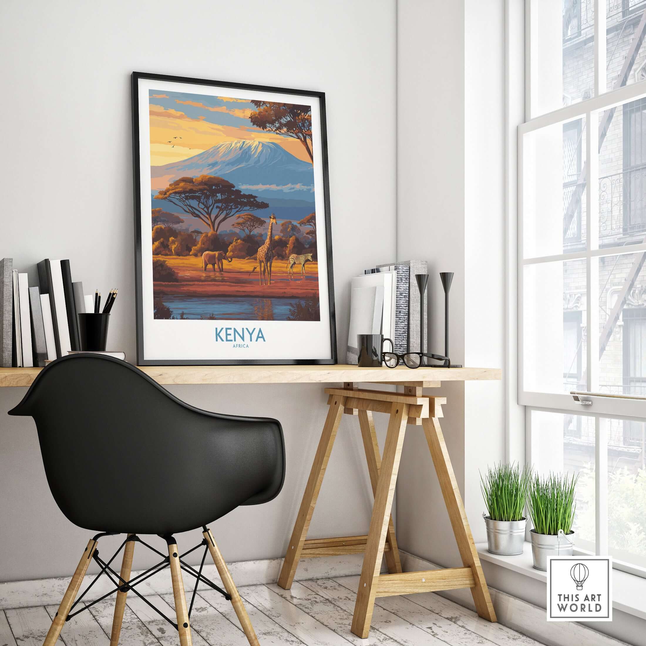 Kenya Safari Print - African Landscape Travel Decor displayed in a stylish interior with a black chair and natural light.