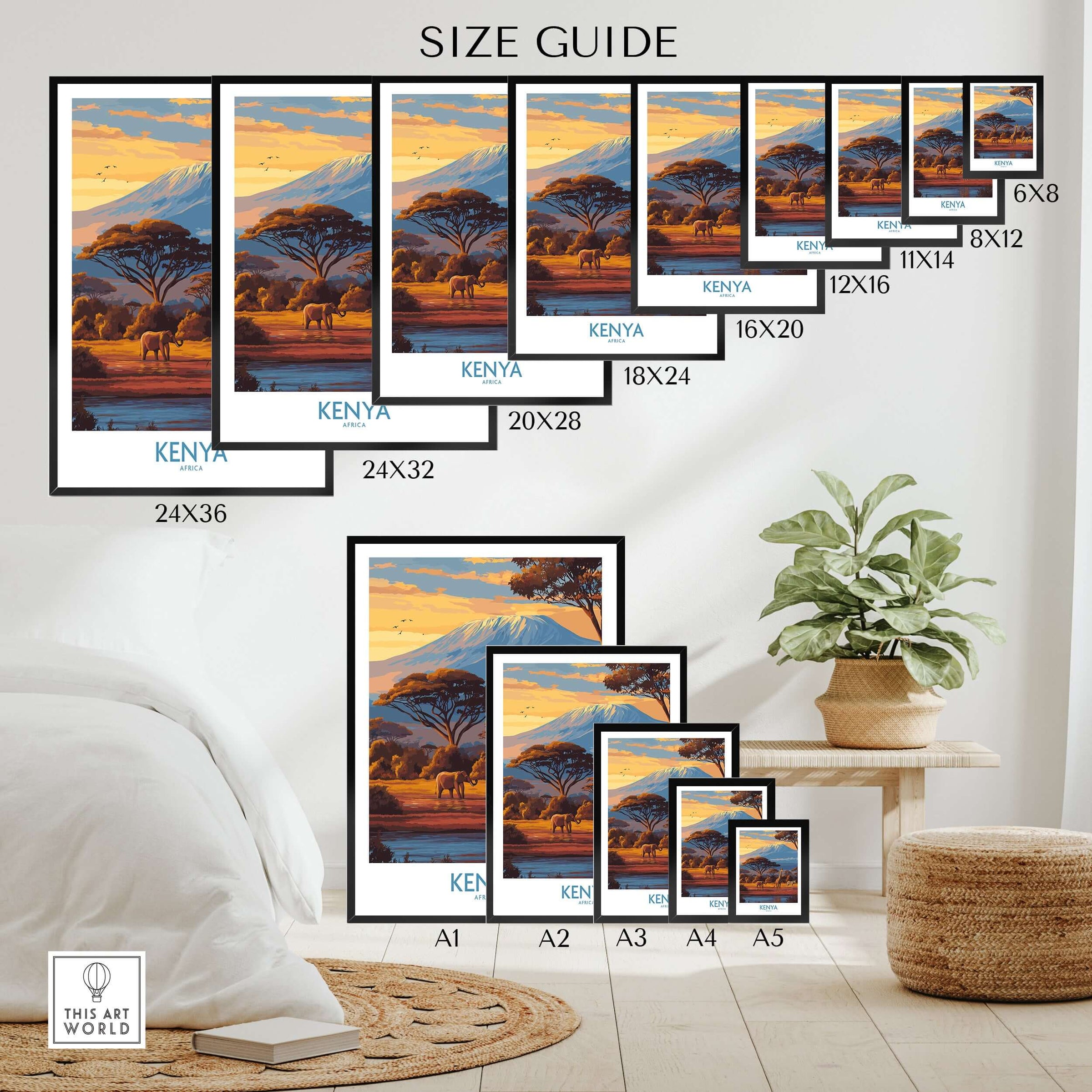 Kenya Safari Print - African Landscape Travel Decor size guide showing various dimensions and artworks.