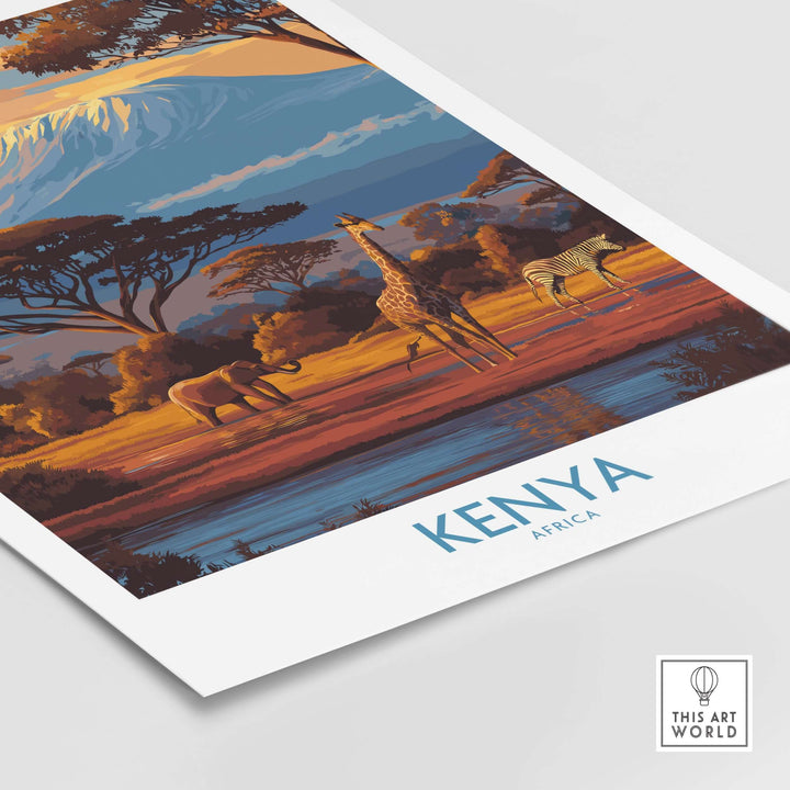 Kenya Safari print showcasing vibrant African landscape with giraffes and elephants against a scenic backdrop.