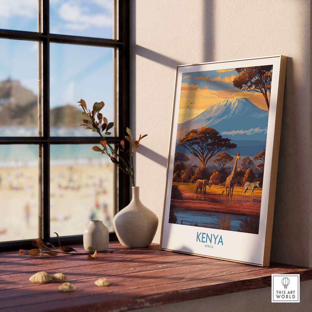 Kenya safari print depicting wildlife and landscapes, enhancing home decor with vibrant African scenery.