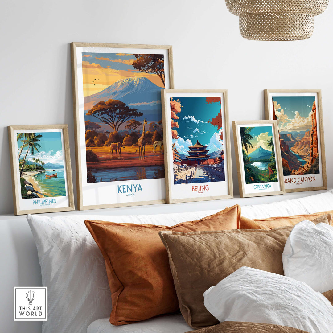 Framed travel prints of Kenya, Philippines, Beijing, Costa Rica, and Grand Canyon displayed on a stylish wall.