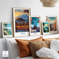 Kenya Safari Print - African Landscape Travel Decor displayed among other travel prints on a stylish wall.