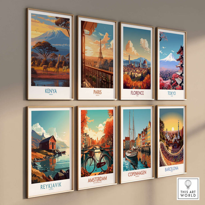 Gallery wall featuring travel posters from Kenya, Paris, Florence, Tokyo, Reykjavik, Amsterdam, Copenhagen, and Barcelona.