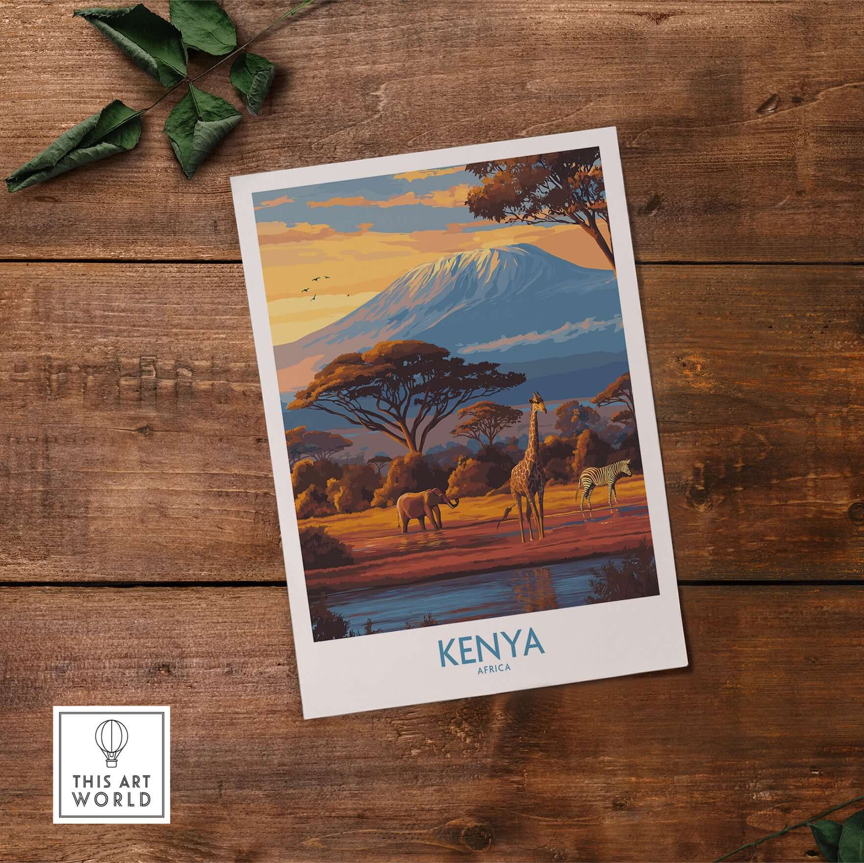 Kenya Safari Print - African Landscape Travel Decor featuring vibrant wildlife and Mt. Kilimanjaro backdrop.