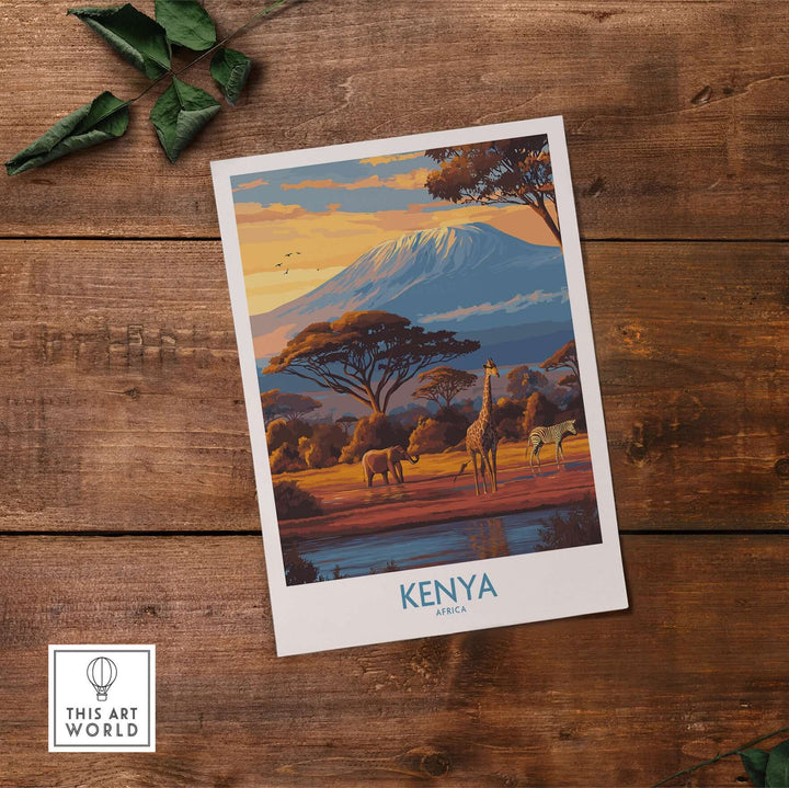 Kenya safari print showcasing vibrant African landscape with giraffes and Mount Kilimanjaro, perfect for travel decor.