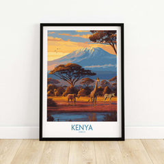 Kenya Safari Print - African Landscape Travel Decor featuring giraffes and elephants with Mount Kenya in the background