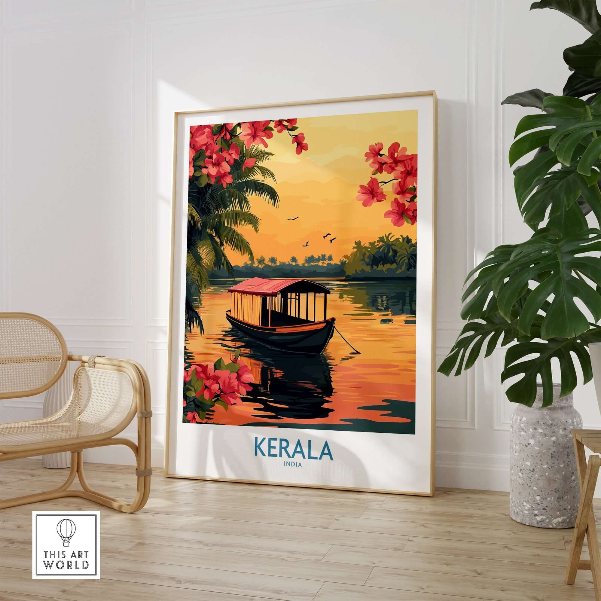 Kerala Poster India featuring a scenic sunset and traditional boat in vibrant colors, perfect for home decor.