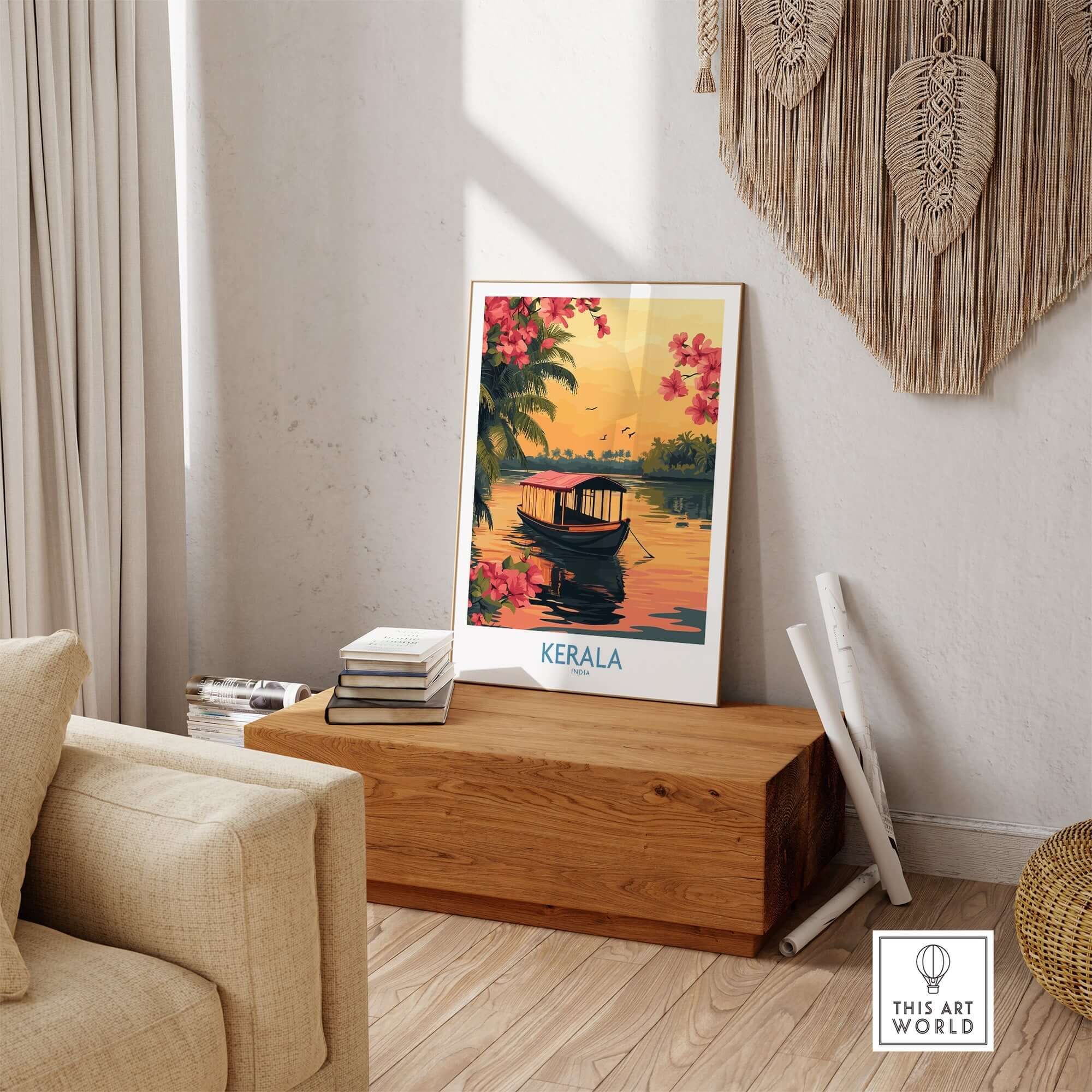 Kerala Poster India displayed in a cozy living room setting, featuring a beautiful sunset and tranquil boat scene.