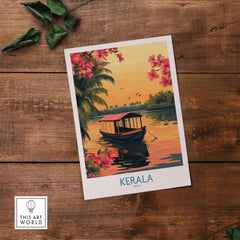 Kerala Poster India featuring a stunning sunset and serene landscapes of Kerala on a wooden background.