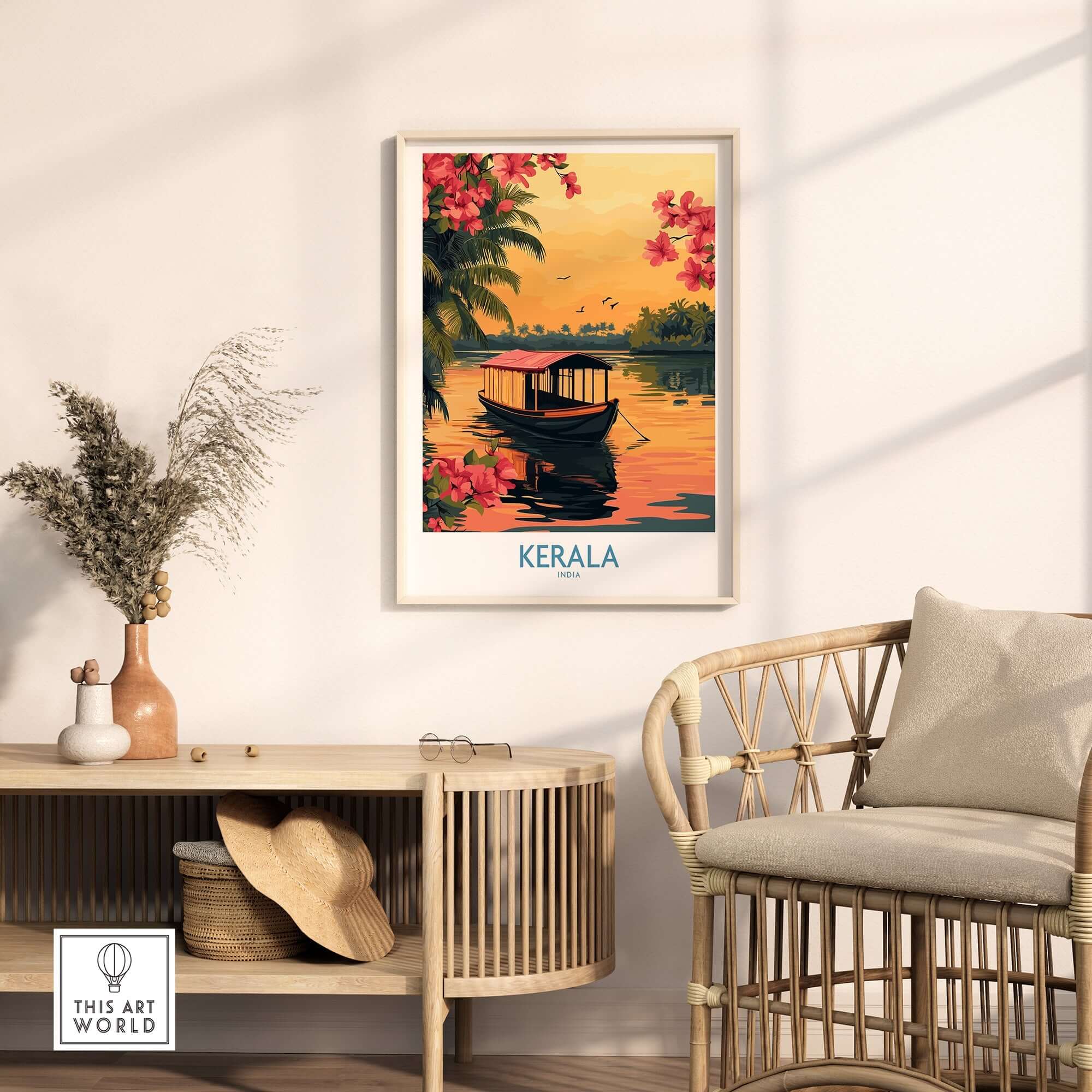 Kerala Poster India showcasing a stunning sunset and traditional boat in a serene setting.