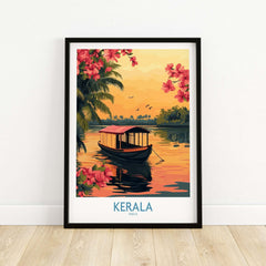 Kerala Poster India featuring a boat on tranquil waters, surrounded by vibrant flowers and a sunset backdrop.