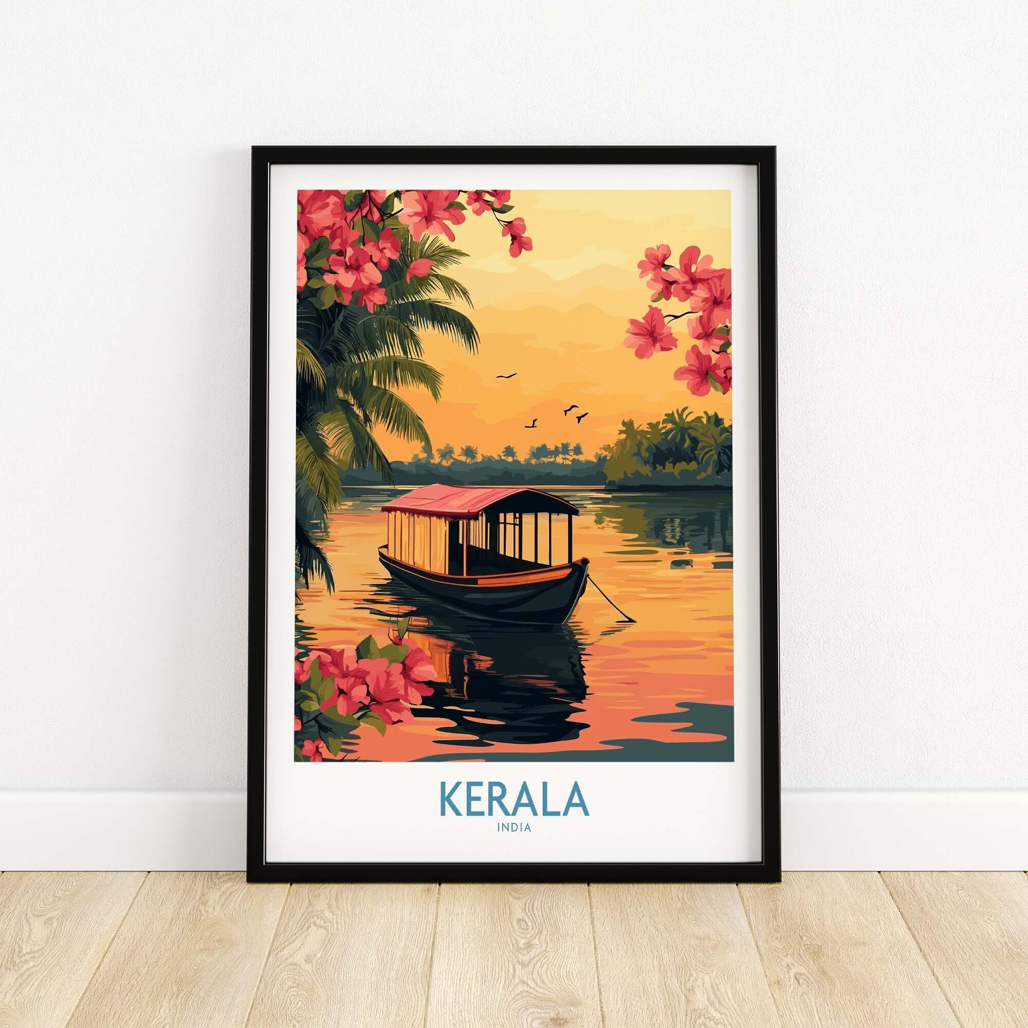 Kerala Poster India featuring a boat on tranquil waters, surrounded by vibrant flowers and a sunset backdrop.