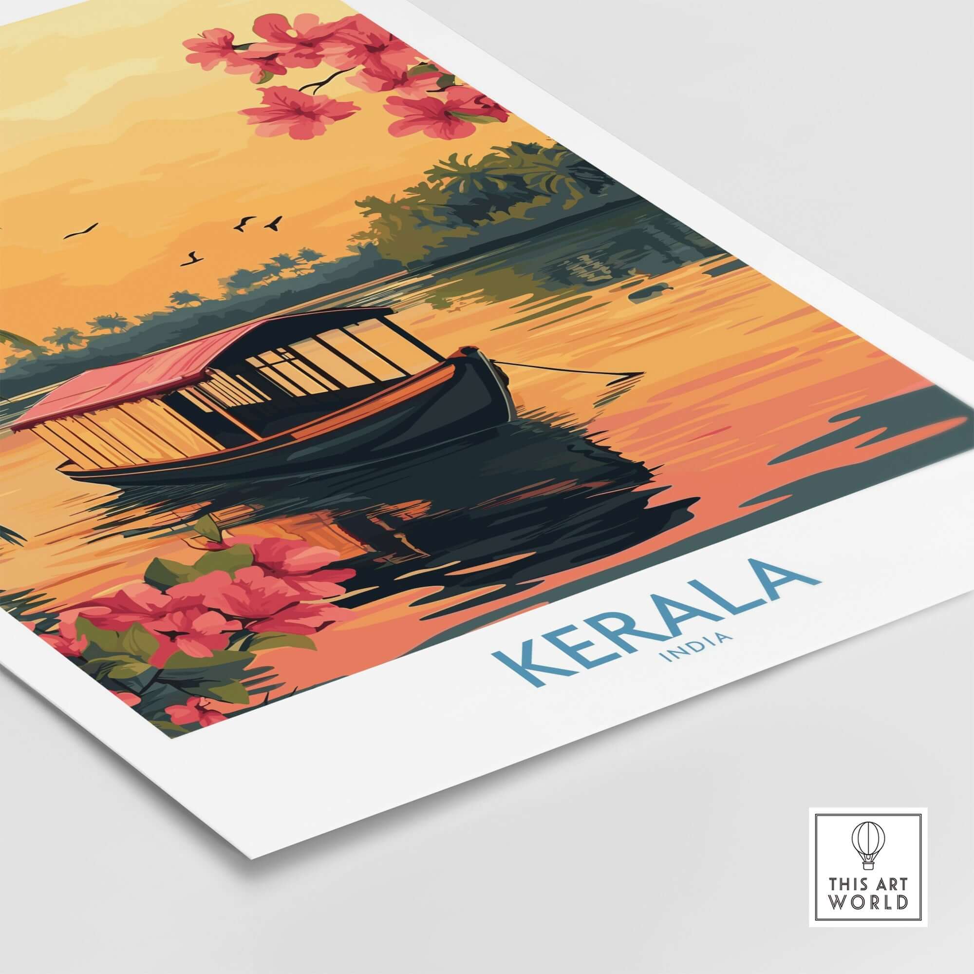 Kerala Poster India showcasing a picturesque sunset with a boat and vibrant flowers, perfect for home decor.