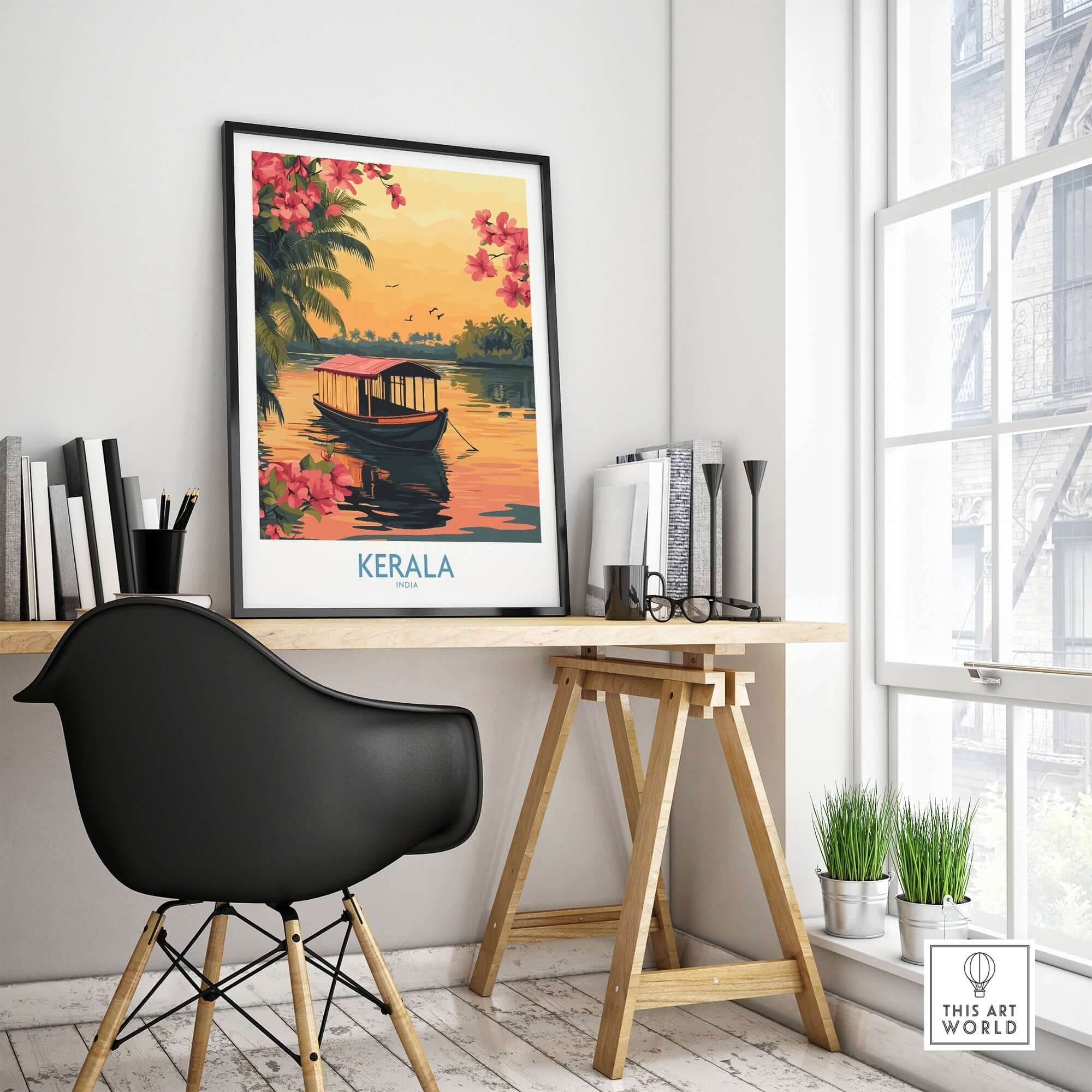 Kerala Poster India depicting a vibrant sunset scene with a boat and tropical flowers in an elegant home setting.
