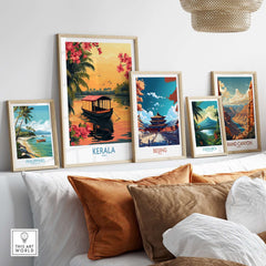 Kerala Poster India displayed among travel posters on a stylish wall, showcasing the beauty of Kerala.