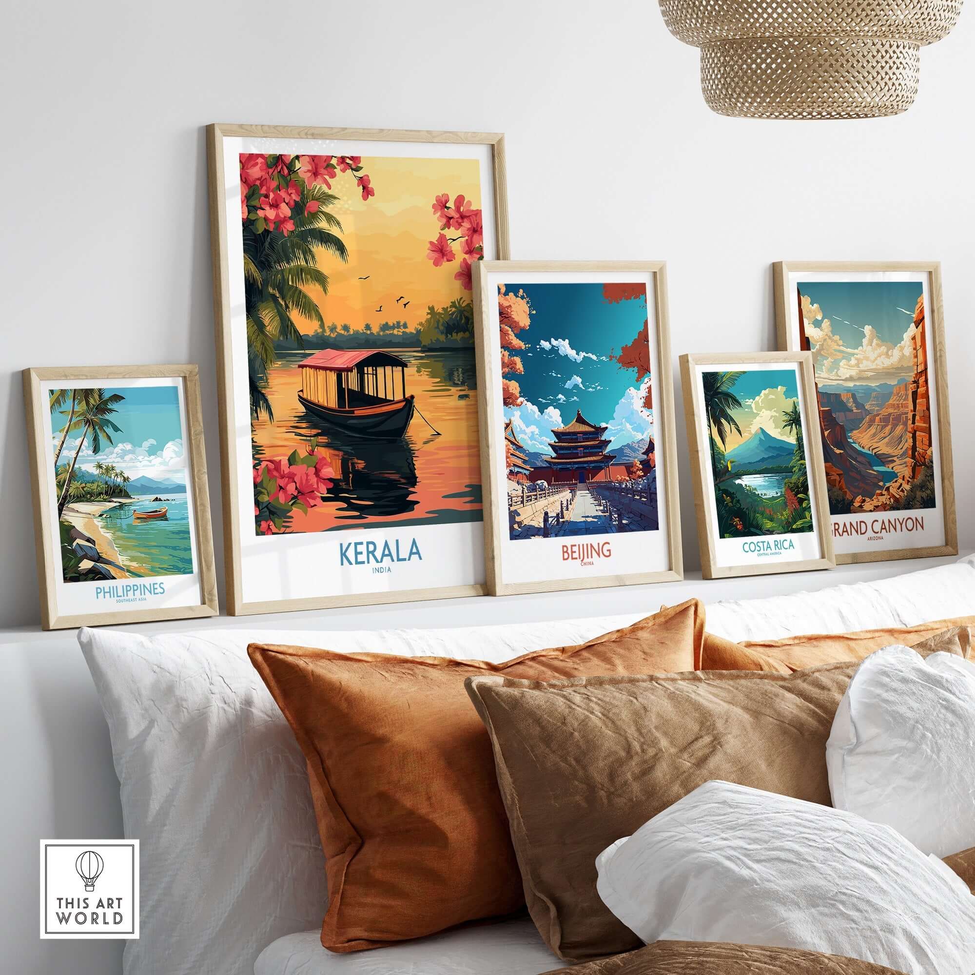 Kerala Poster India displayed among travel posters on a stylish wall, showcasing the beauty of Kerala.