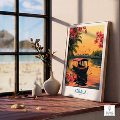Kerala Poster India showcasing a vibrant sunset with a boat, capturing Kerala's exotic charm.