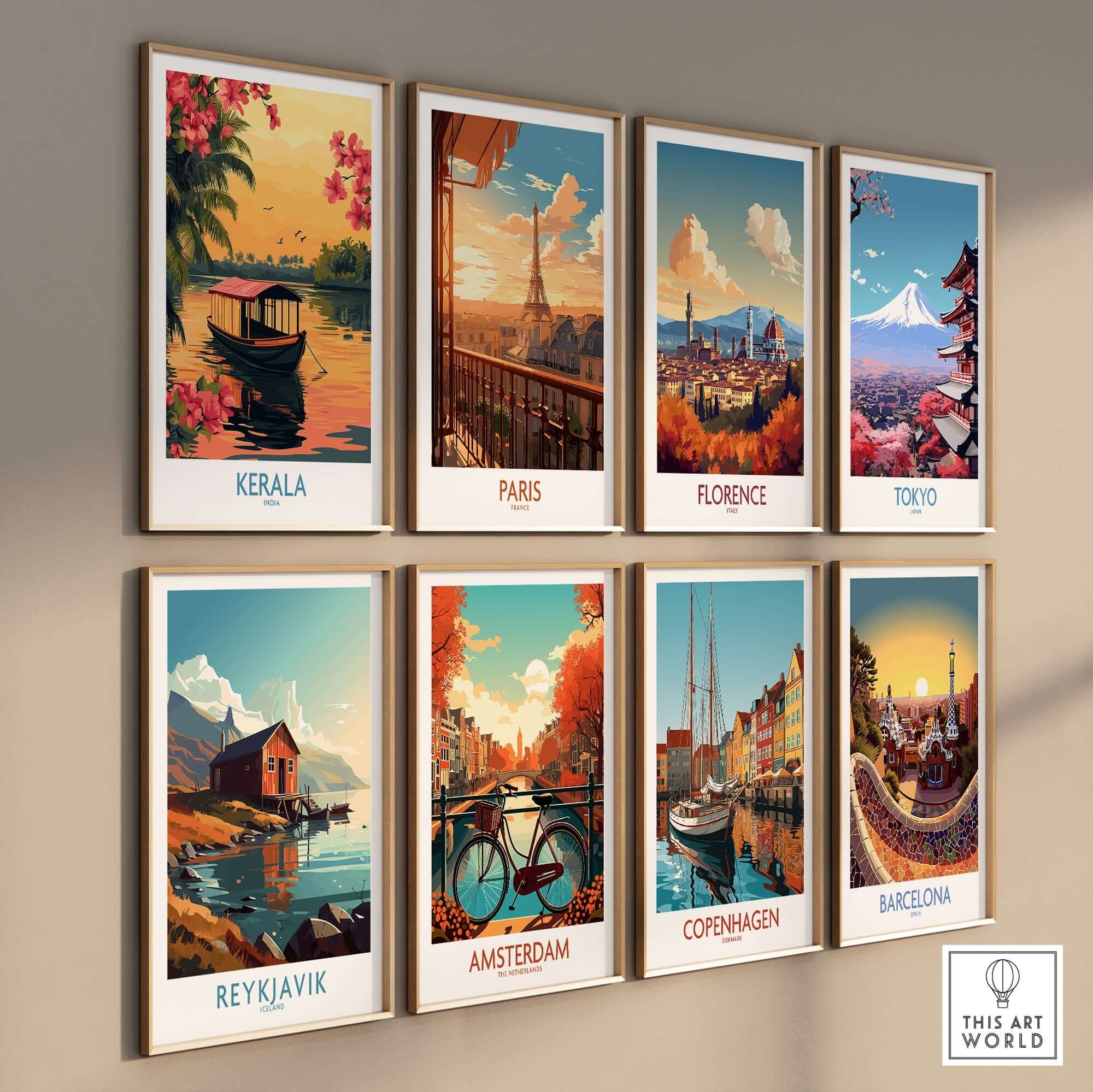 Stunning Kerala Poster India among other travel posters on a stylish wall display.