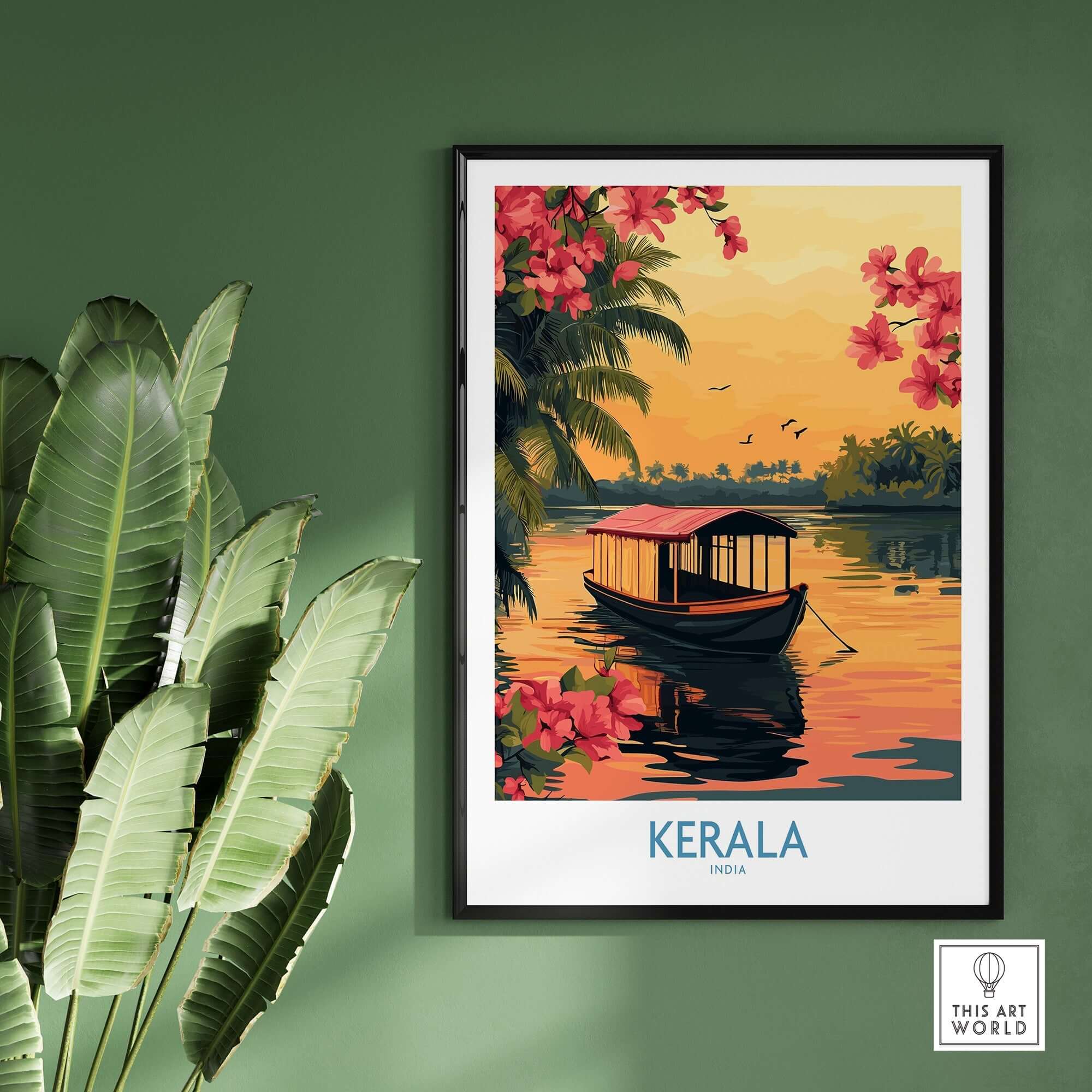 Kerala Poster India showcasing a tranquil sunset scene with a boat and vibrant floral accents.