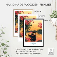 Kerala Poster India displayed in handmade wooden frames in natural, white, and black options.
