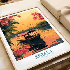 Kerala Poster India featuring a scenic sunset view with a boat and vibrant flowers, perfect for adding charm to any wall.