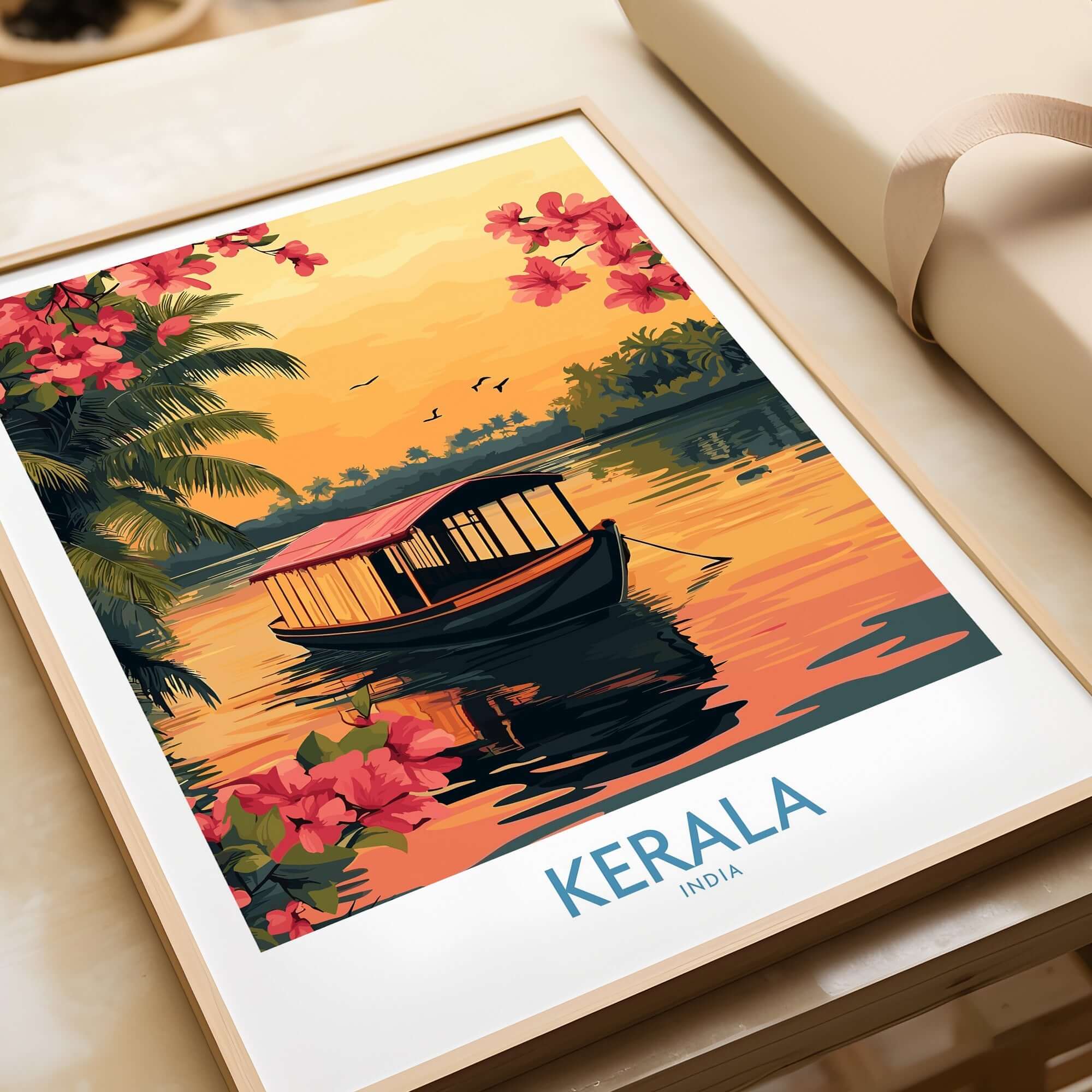 Kerala Poster India featuring a scenic sunset view with a boat and vibrant flowers, perfect for adding charm to any wall.