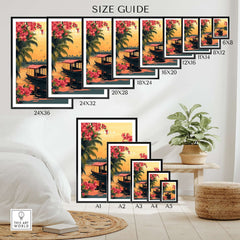 Size guide for Kerala Print India travel poster with various dimensions and vibrant tropical artwork.