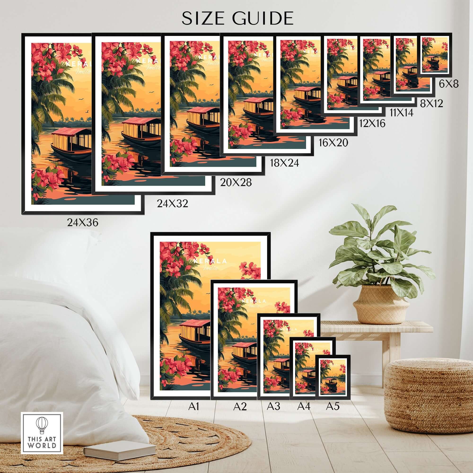 Size guide for Kerala Print India travel poster with various dimensions and vibrant tropical artwork.