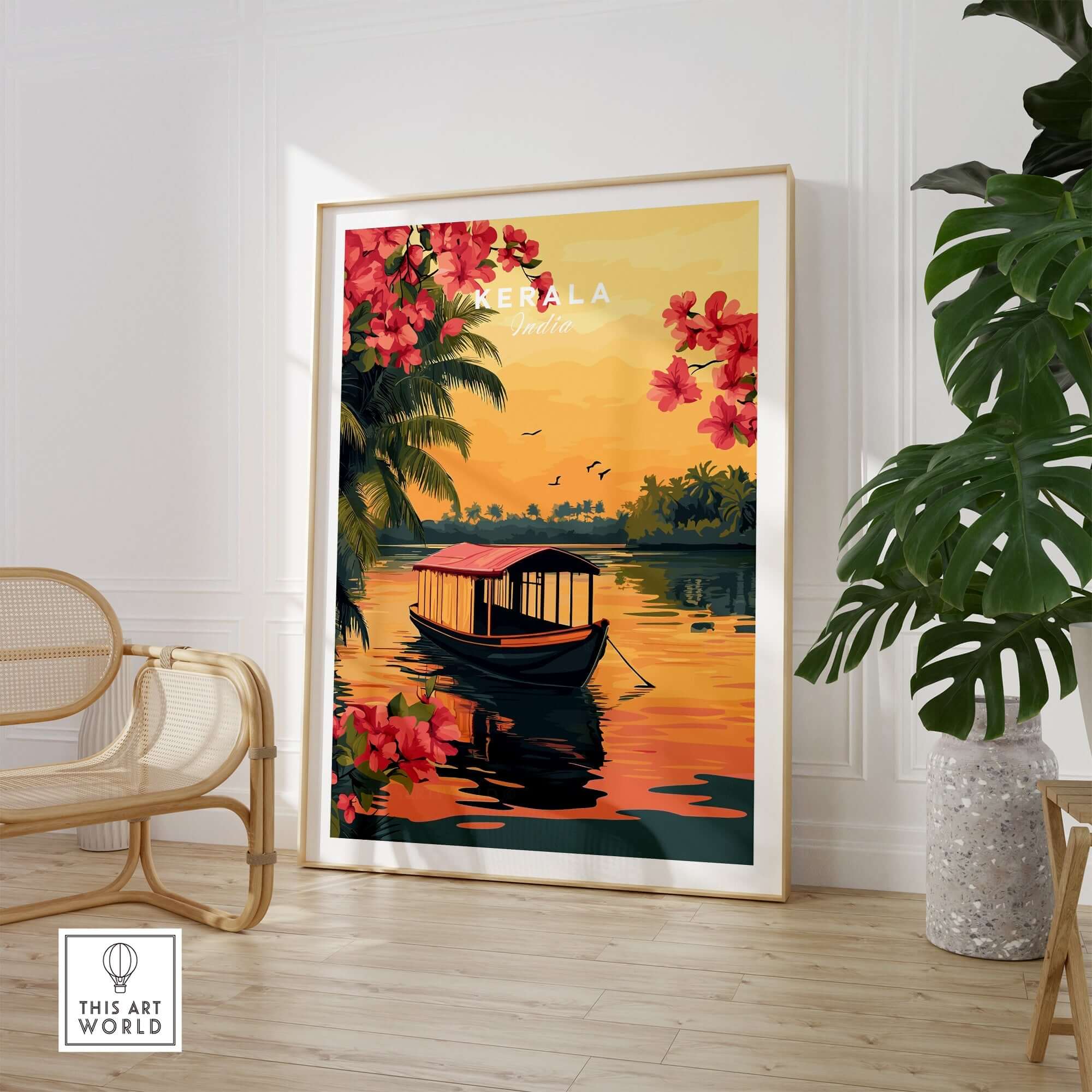 Kerala Print India travel poster featuring a boat, sunset, and tropical flowers in vibrant colors.