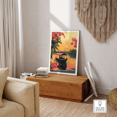 Kerala Print India travel poster showcasing a beautiful boat scene with vibrant flowers, perfect for home decor.